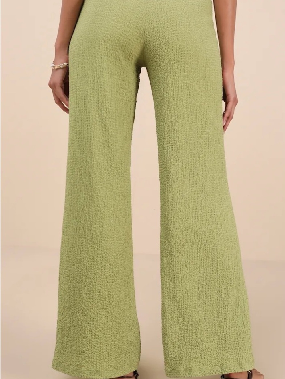 High-Rise Wide Leg Textured Pants - Light Green
